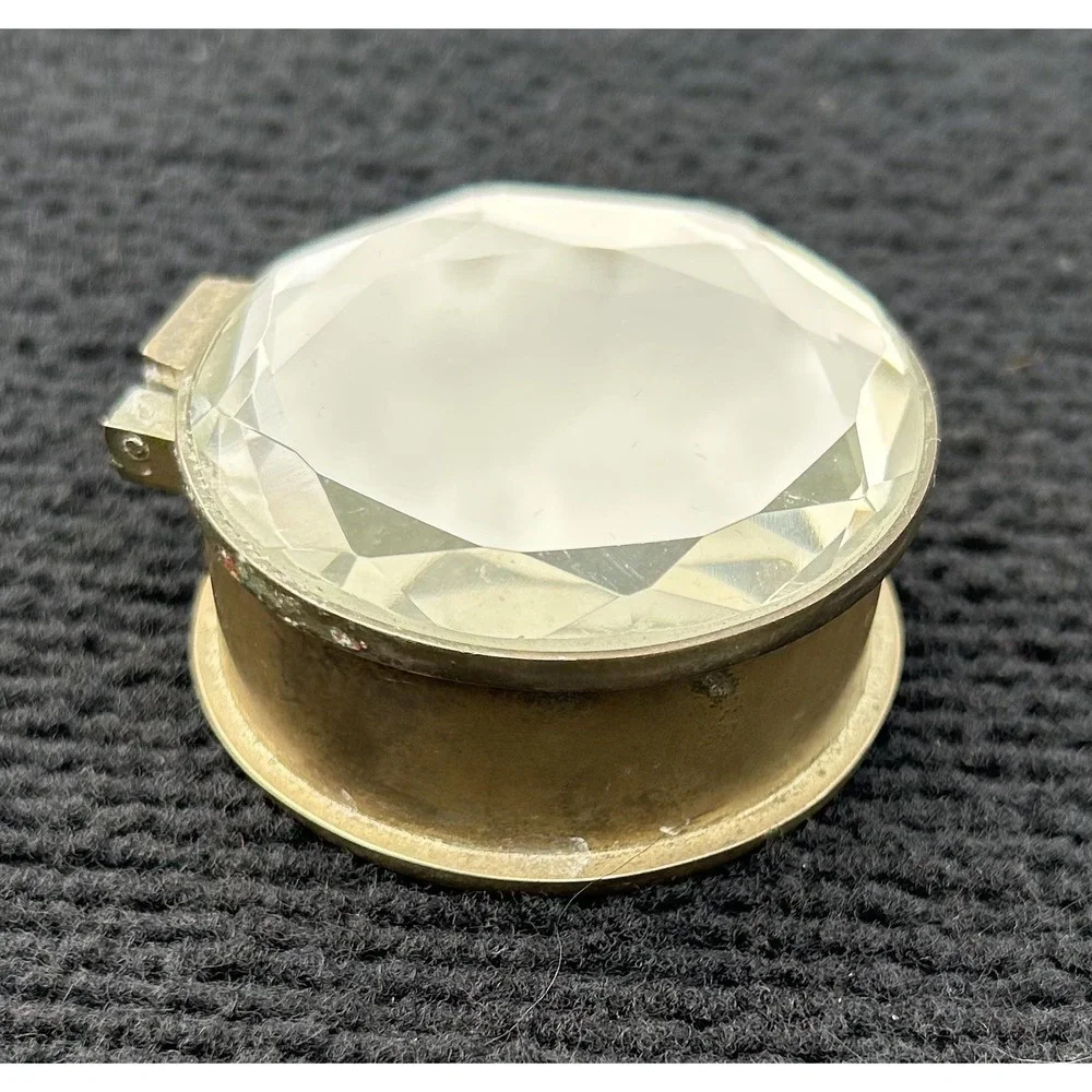 Vintage Brass Round Jewelry Ring Box‎ Faceted Glass Lid Velvet Lined Trinket Box